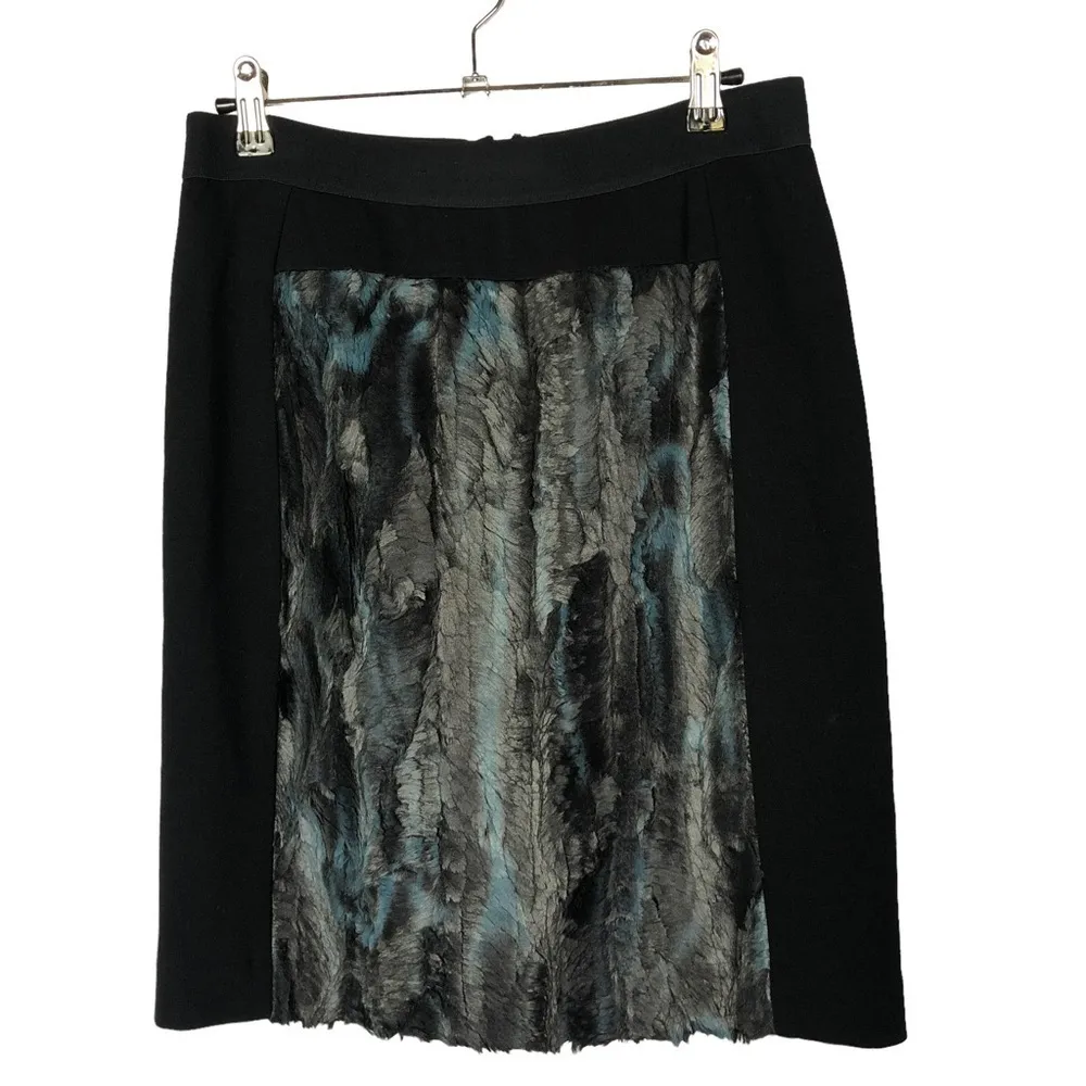 BCBGMaxAzria Ines Black & Teal Faux Fur Back Zip Pencil Skirt S - Image 2