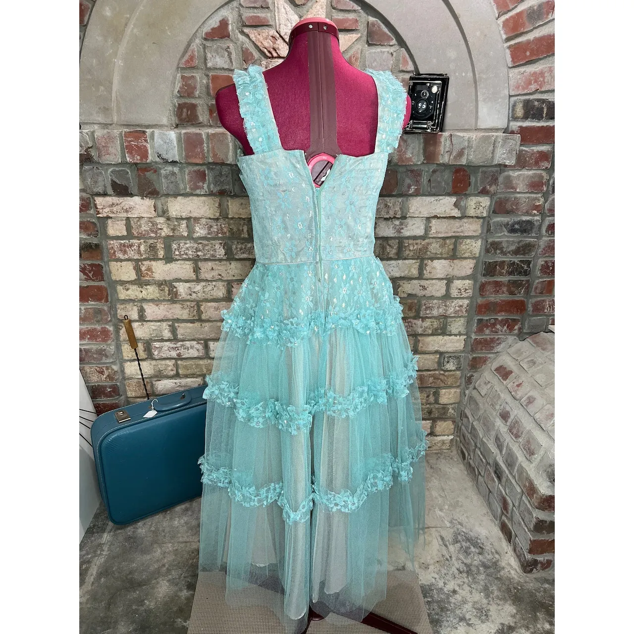 formal dress prom 1950s floral princess tulle aqua blue Green - Image 3