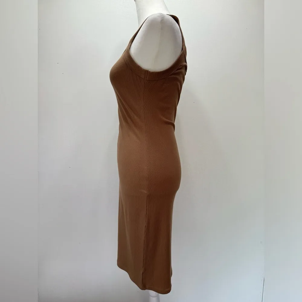Mittoshop Tan Ribbed Fitted Tank Mini Dress Bodycon Minimalist Capsule Summer - Image 5