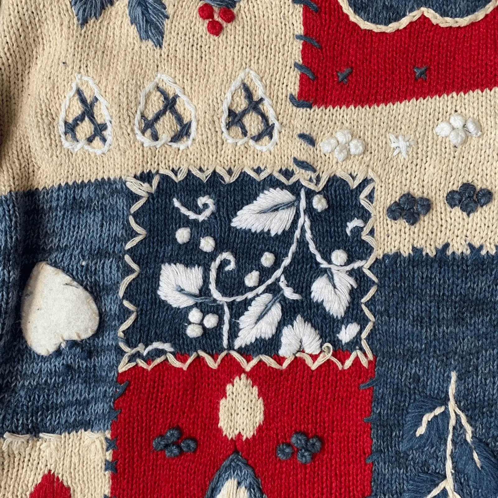 Vintage Patchwork Heart Cardigan Red Navy Folk Knit Sweater Large Romantic Blue - Image 11