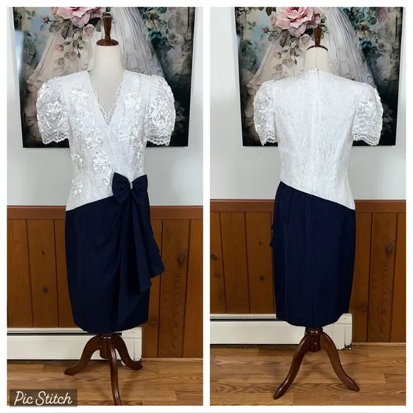 Elegant New Vintage 1980s Leslie Faye White and Navy Mother of the Bride Dress! - Image 2