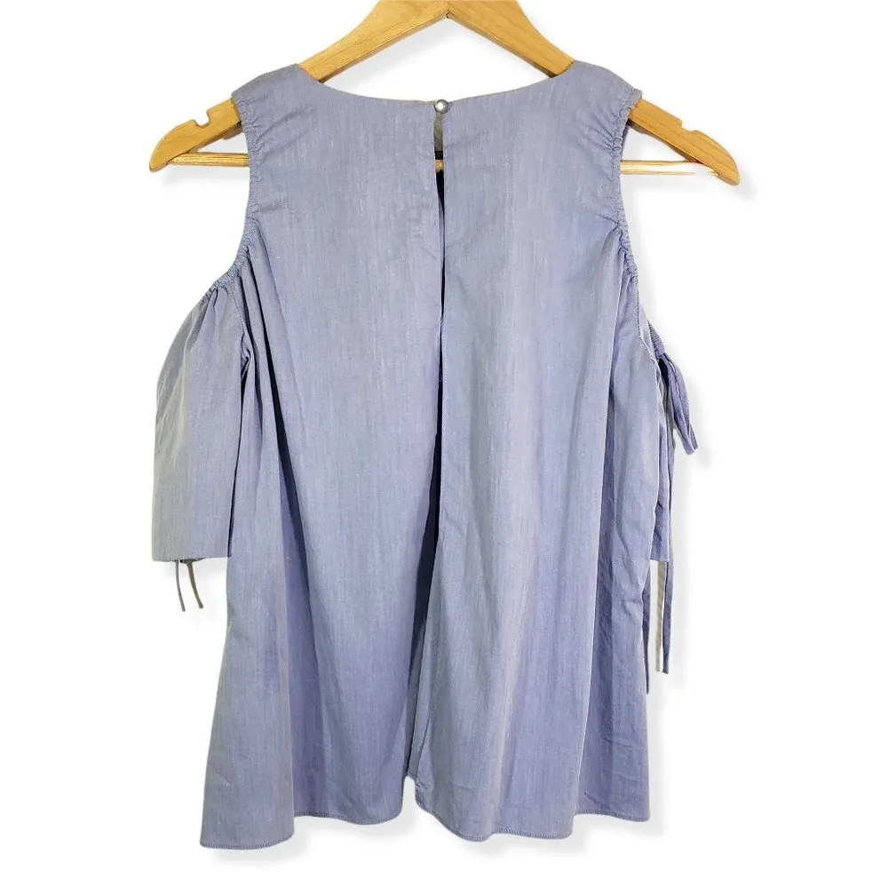 SAKS 5TH AVENUE Small Blue Cold Shoulder, Split Back, Round Neckline Top - Image 3