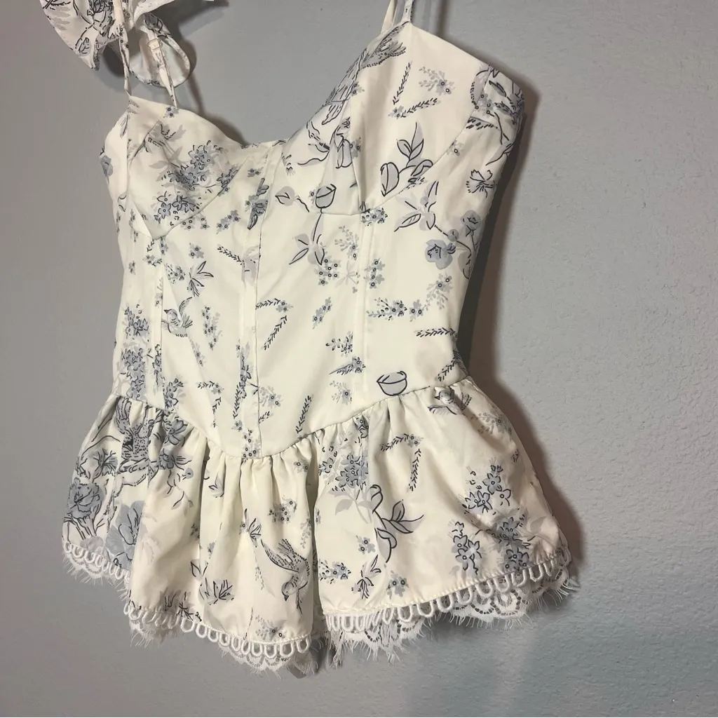 Corset Babydoll Tank Top Ruffles Cream Blue Size Medium Floral Birds Cottagecore White - Image 3