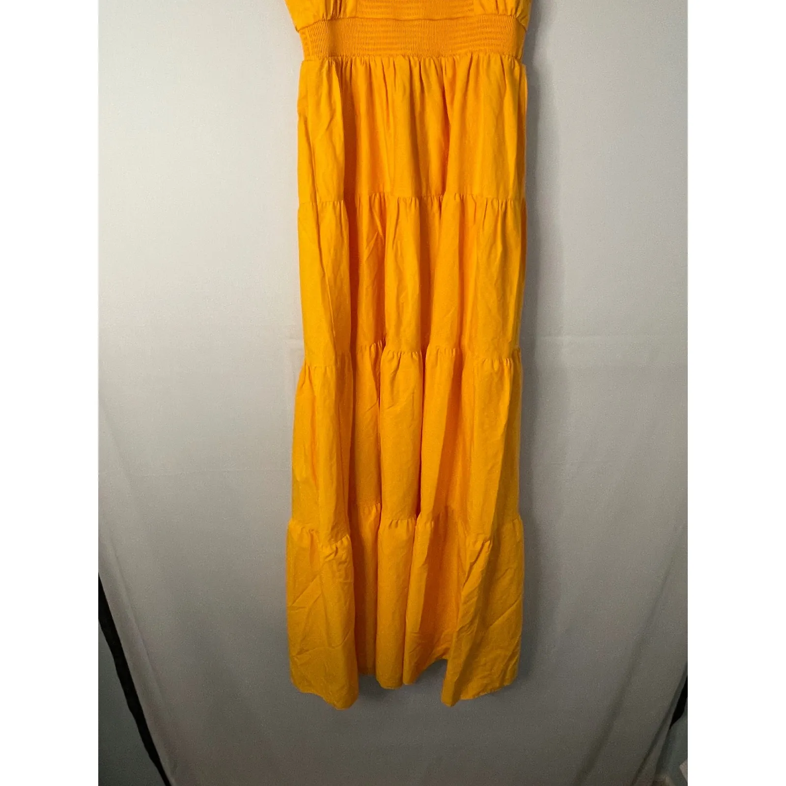 EXPRESS Maxi Dress Puff Sleeve Smocked Waist Tiered Skirt Yellow Orange XS - Image 7