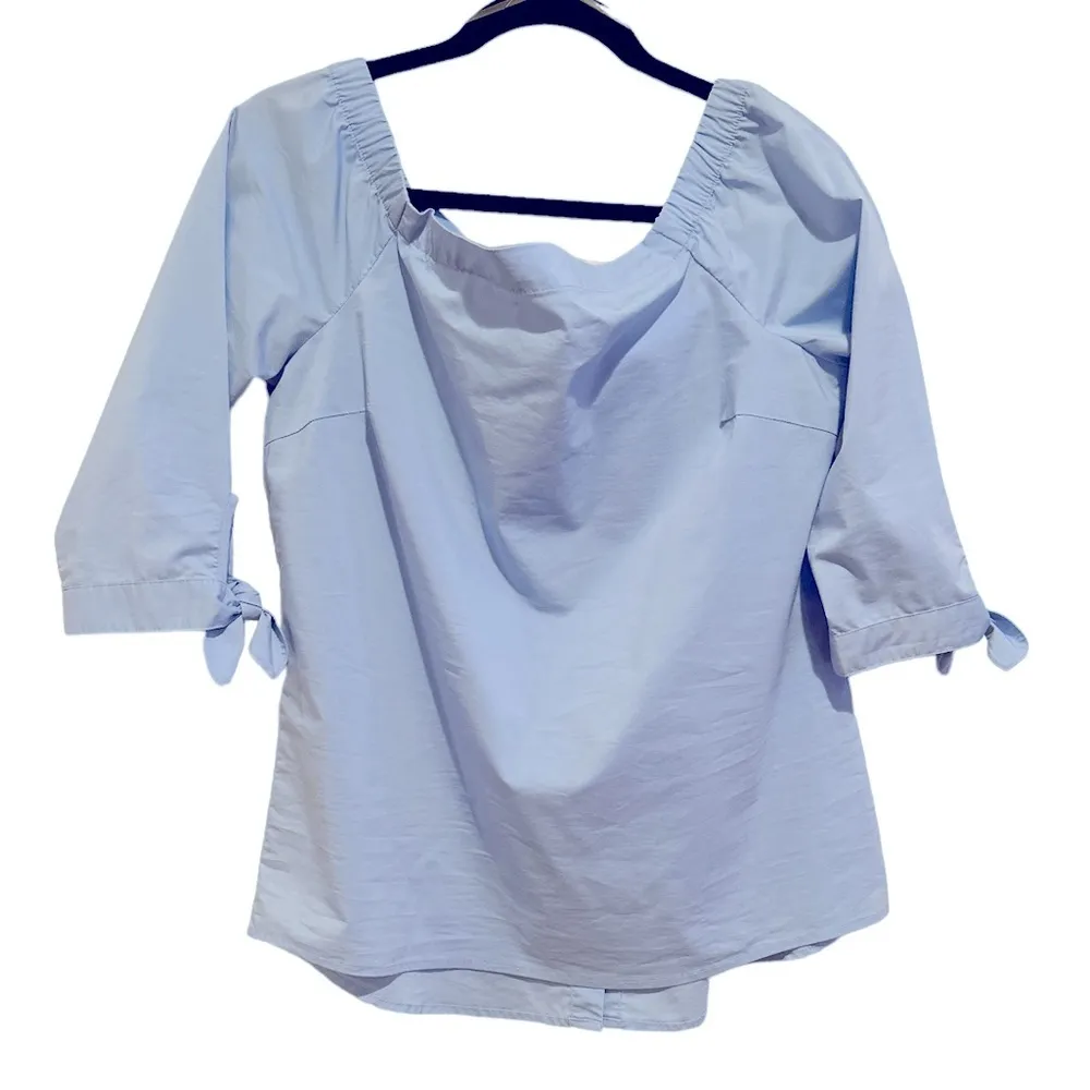 NEW NEIMAN MARCUS OFF SHOULDER BUTTON DOWN BACK BLUE COTTON POPLIN BLOUSE TOP M - Image 3