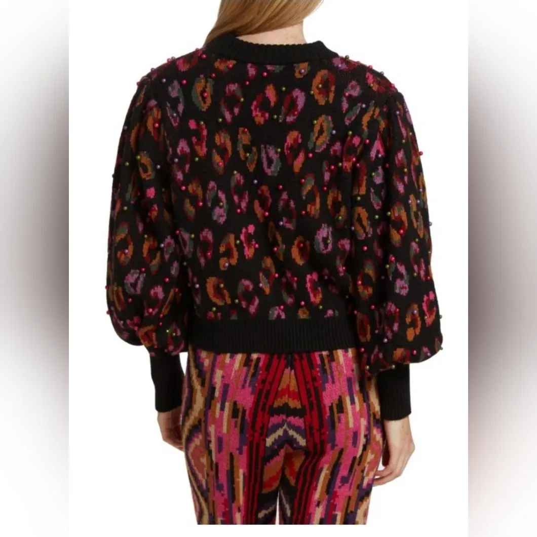 Farm Rio Beaded Leopard Pattern Sweater Size M - Image 3
