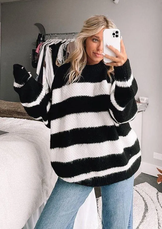 Black & White Stripe Knit Sweater - Image 4