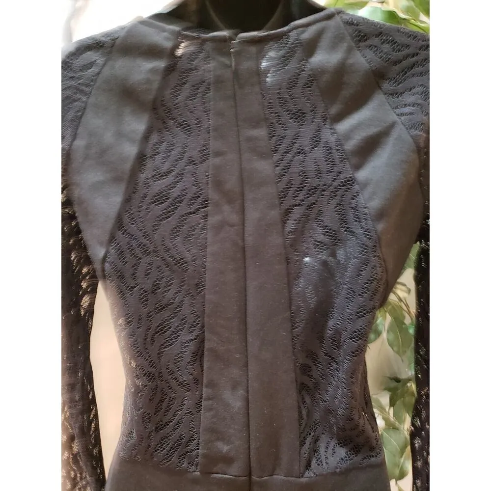 Parker Naomi Black Lace Trem Round Neck Back Zip Long Sleeve Sheath Dress Large - Image 7