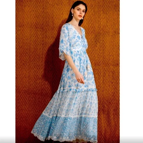 HEMANT‎ & NANDITA Calee Floral Tiered Maxi Dress Blue and White Large - Image 2