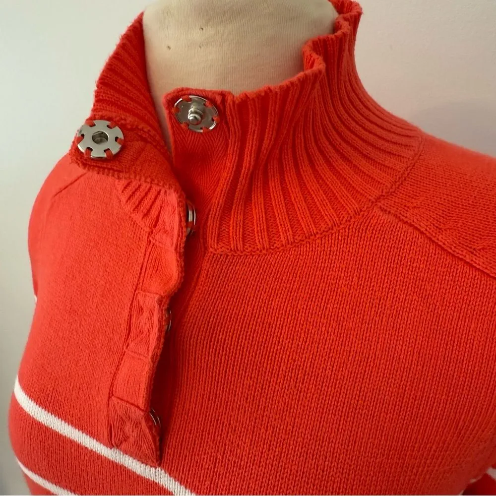 IZOD Orange & White Striped Cotton Mock Turtleneck Snap-Button Sweater Sz Medium - Image 3