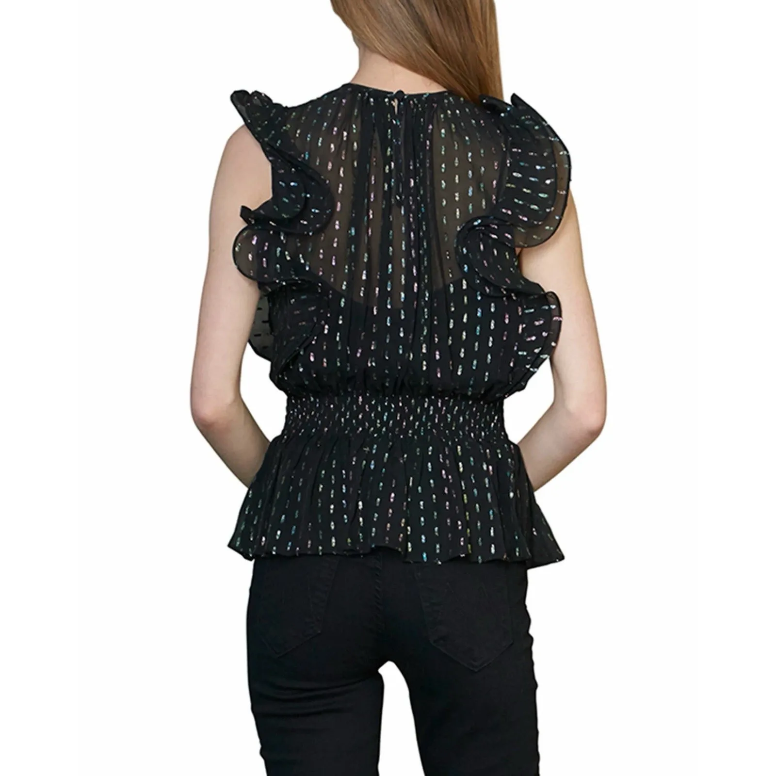 ML Monique‎ Lhuillier Metallic Iridescent Ruffle Top Blouse Smocked Waist Sz M - Image 2