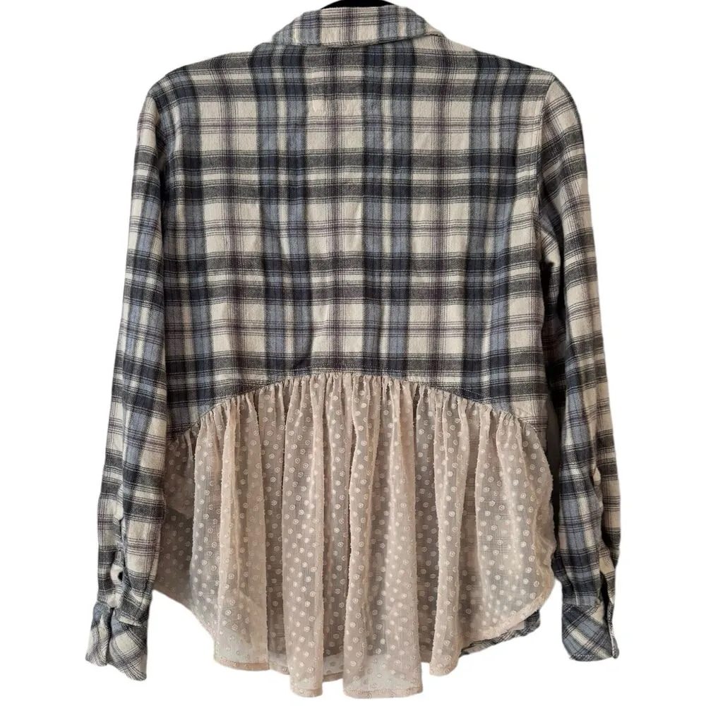 Holding Horses Blue White Plaid Flannel Western Chiffon Back Shirt Size Small - Image 4