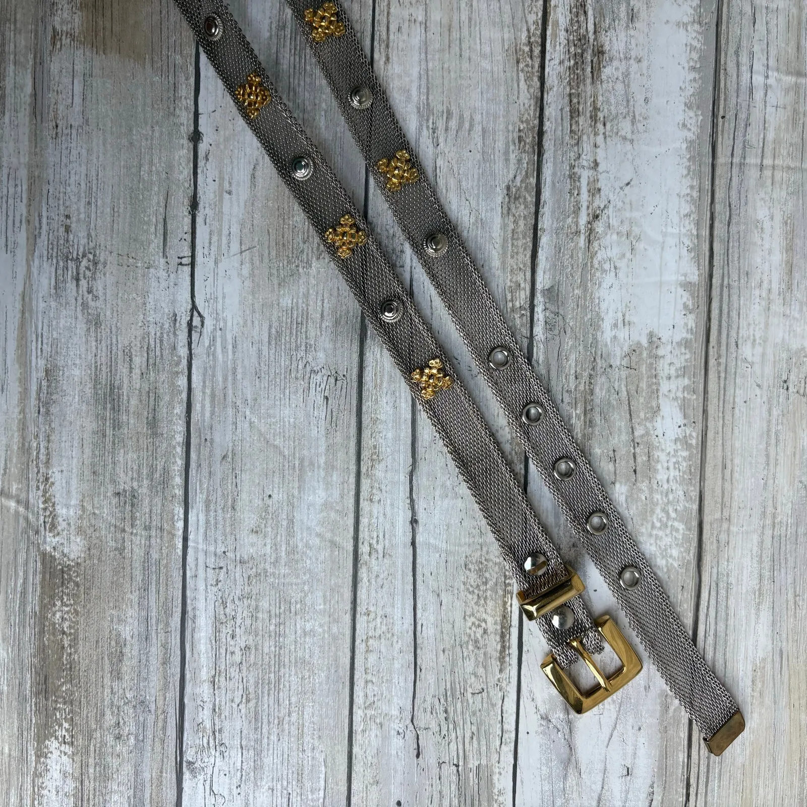 Metallic Mesh Metal Belt Gold Silver Tone Sz Sm 32” Edgy Y2K Utilitarian Floral - Image 9