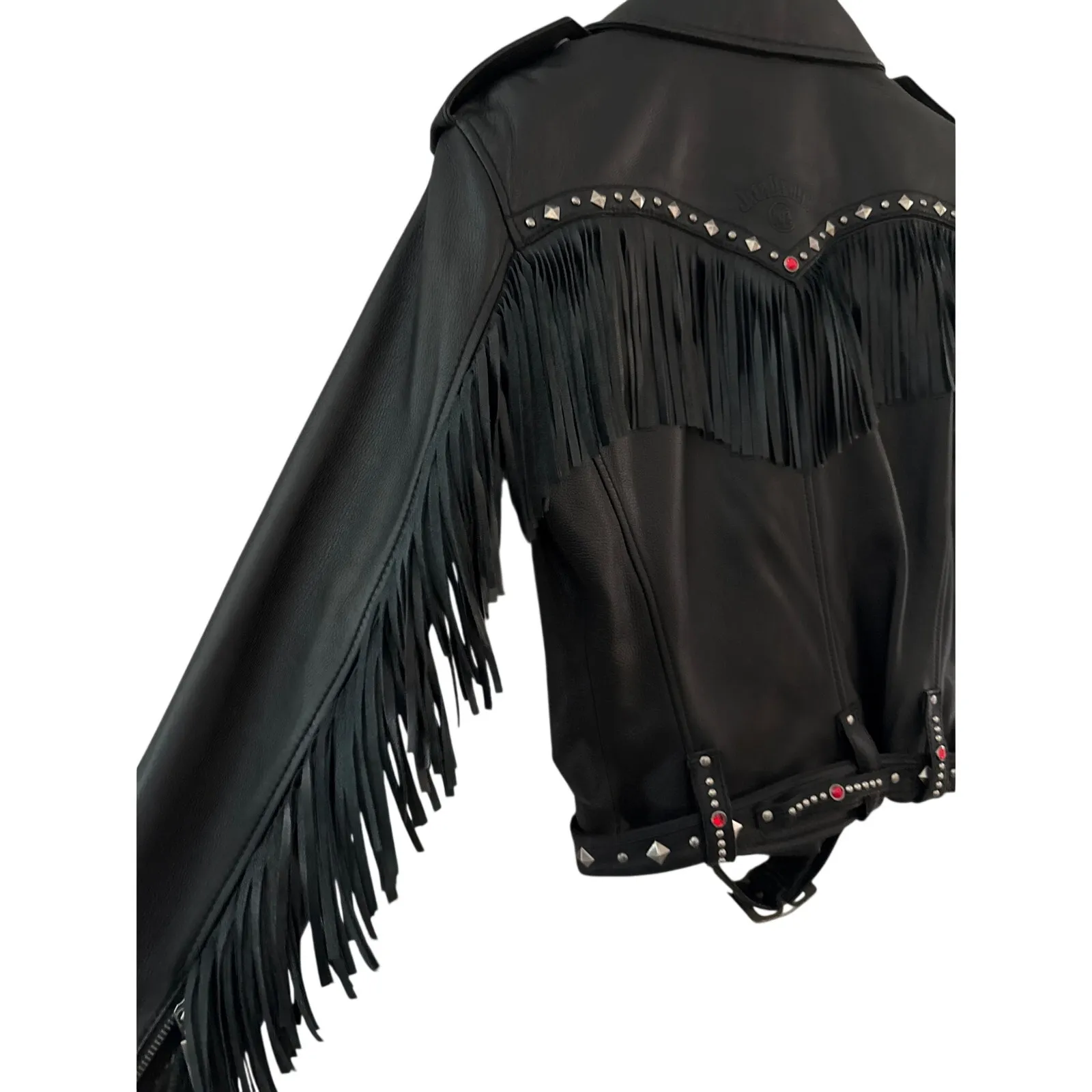 Jack Daniels Old No7 Studded Fringe Leather Motorcycle Jacket Size Small - Image 7