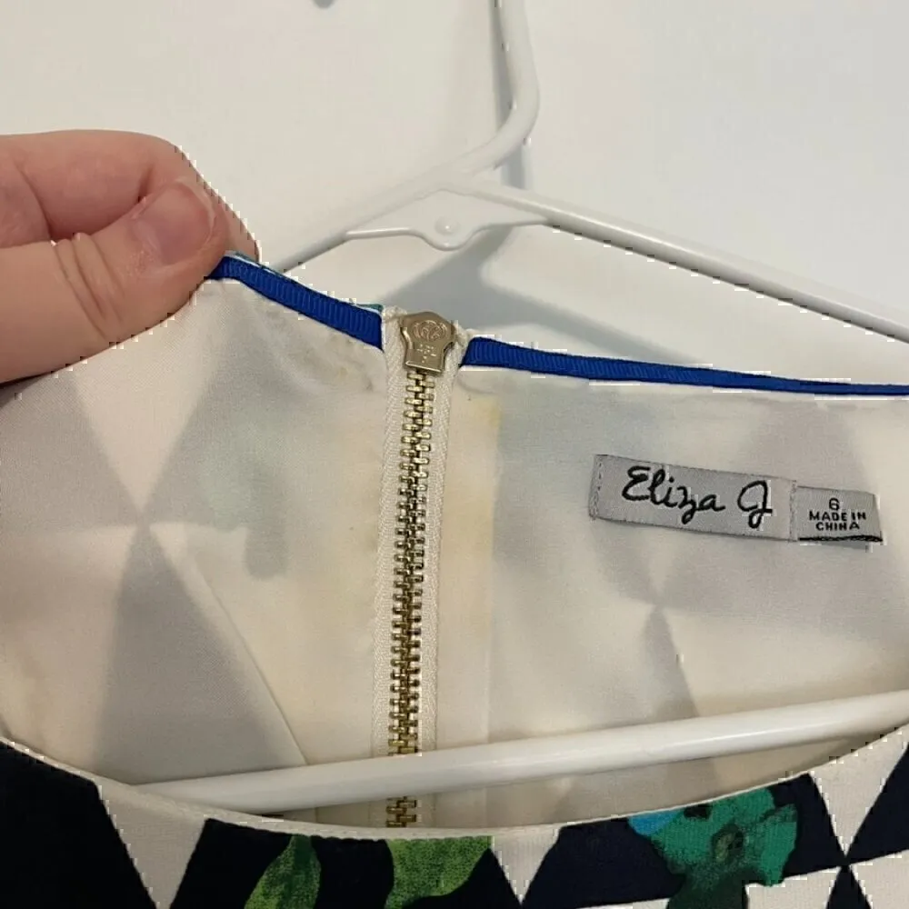 ELIZA J Blue Green Floral / White Black Geo Geometric Elbow Sleeve Shift Dress 6 - Image 11