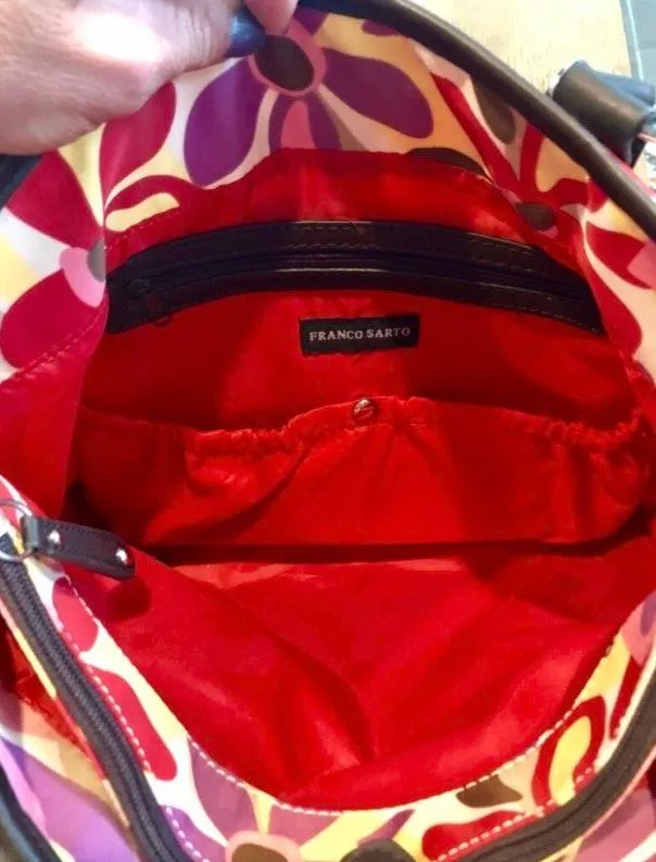 Franco Sarto Mint NWOT  shoulder bag. Vibrant floral fabric with brown leather straps. Sz 15x10 - Image 7