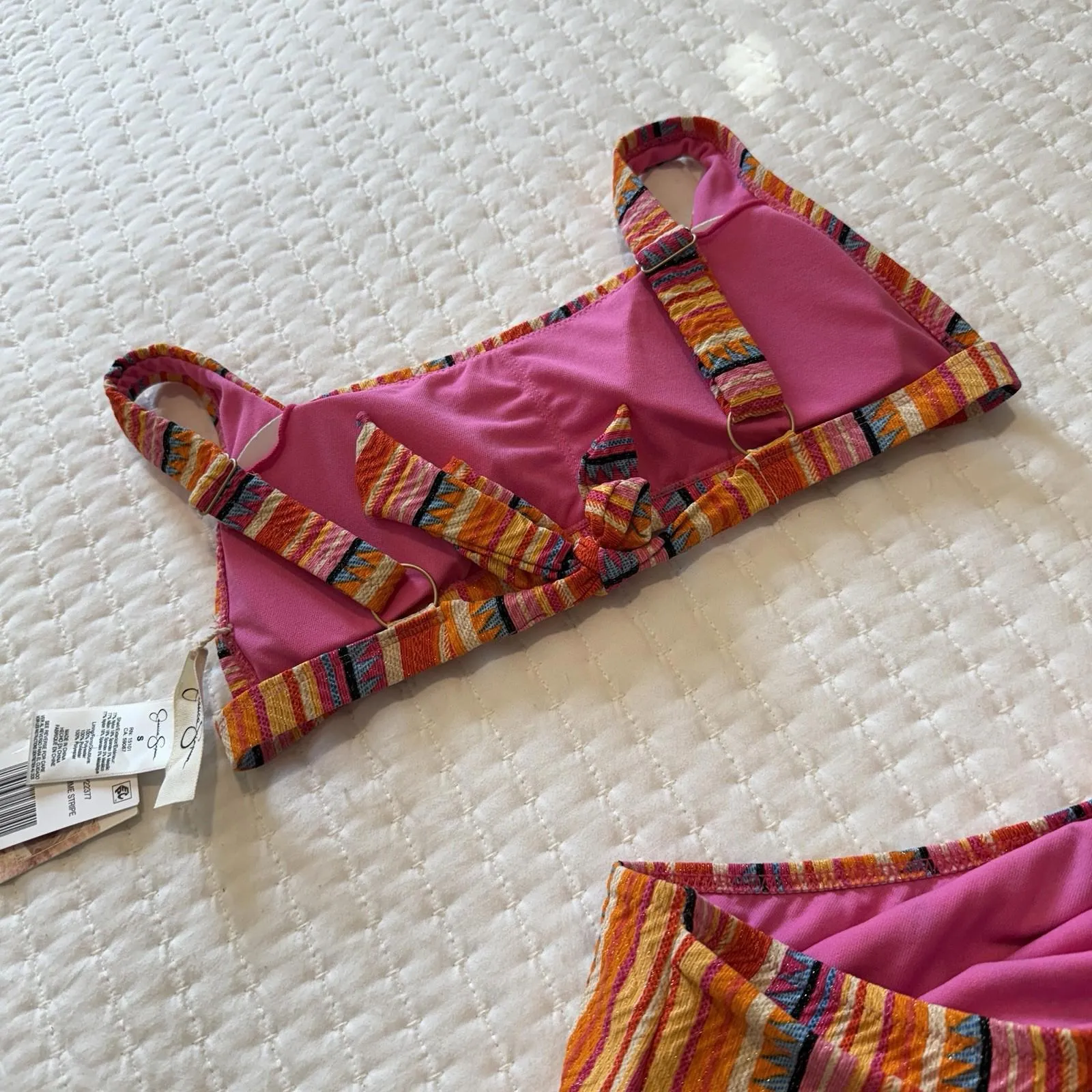 Jessica Simpson Multi Color Femme Stripe Hi Waist Bikini Bottom & Top Set Small - Image 8