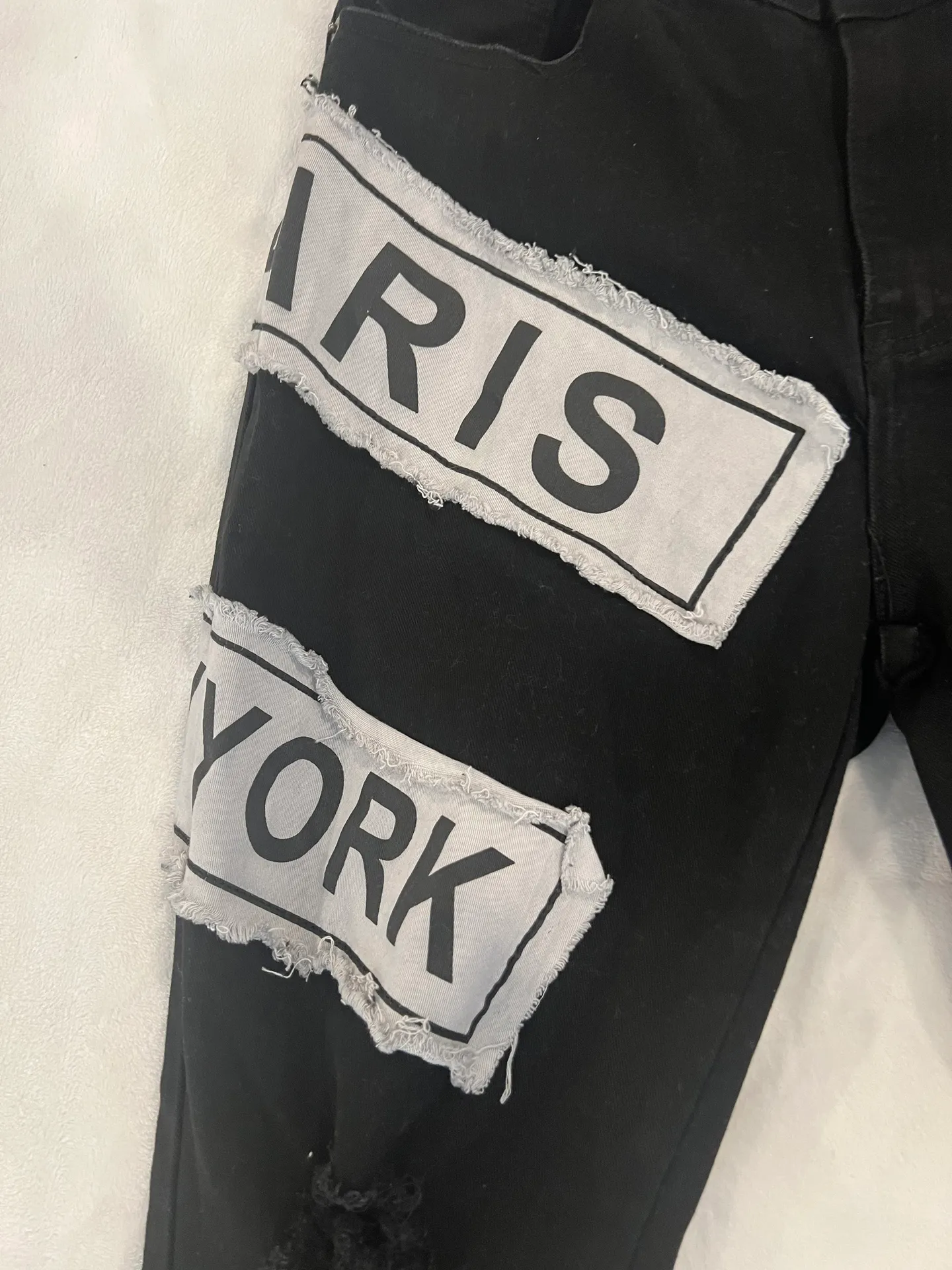 American Bazi Trendy Black Distressed Jeans with Paris New York Patches By - Image 2