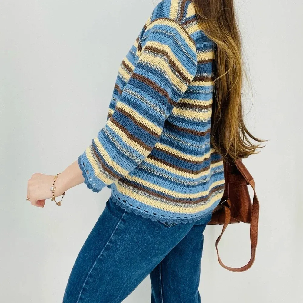 vintage cottagecore crocheted button down striped cardigan size L Brown Size L - Image 6