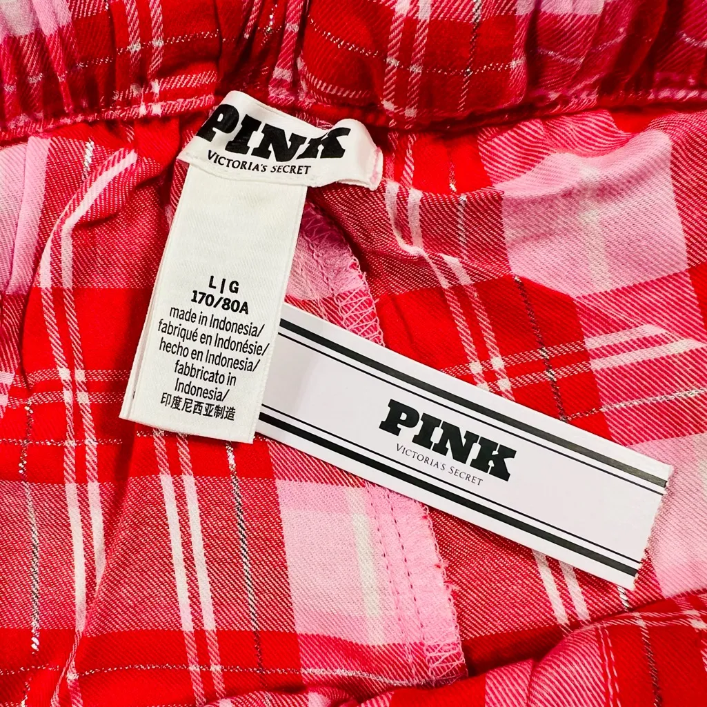 PINK VICTORIA’S SECRET Flannel Pajama Shorts  Red Pink Silver Plaid Ruffle L - Image 11