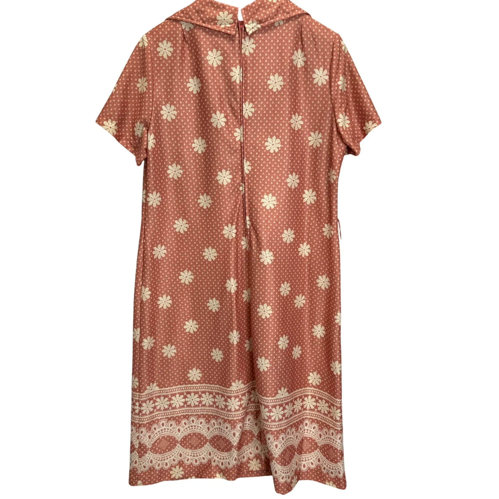 Vintage Three R's 70s House Dress Dusty Rose Pink Floral L Midi Short Sleeve Size L - Image 2