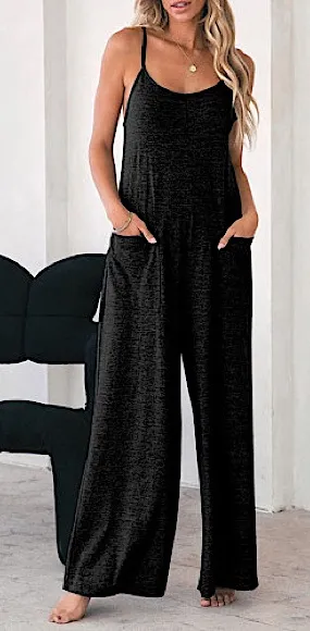 Black Loose Fit Side Pockets Spaghetti Strap Wide Leg Jumpsuit Size M - Image 1