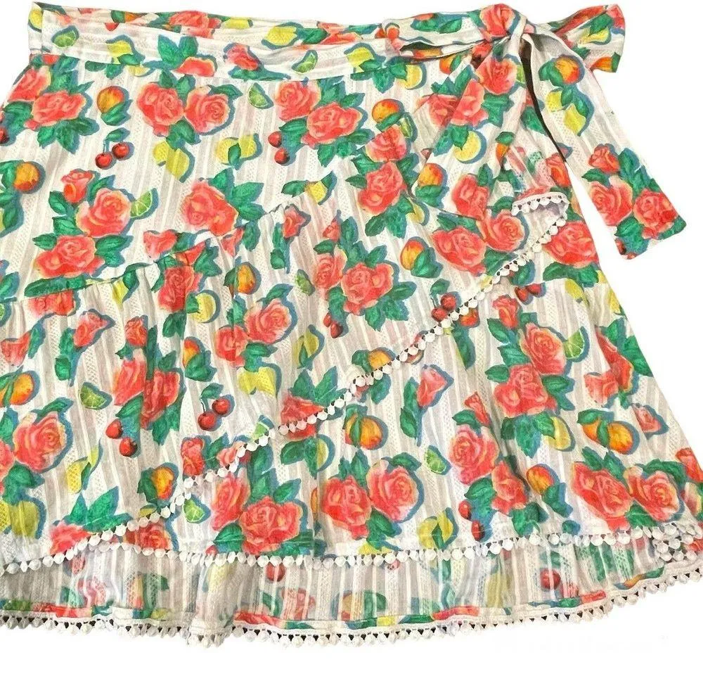 Roller Rabbit Floral Wrap Mini Skirt size L White Multi Ponderosa Mary Light - Image 4