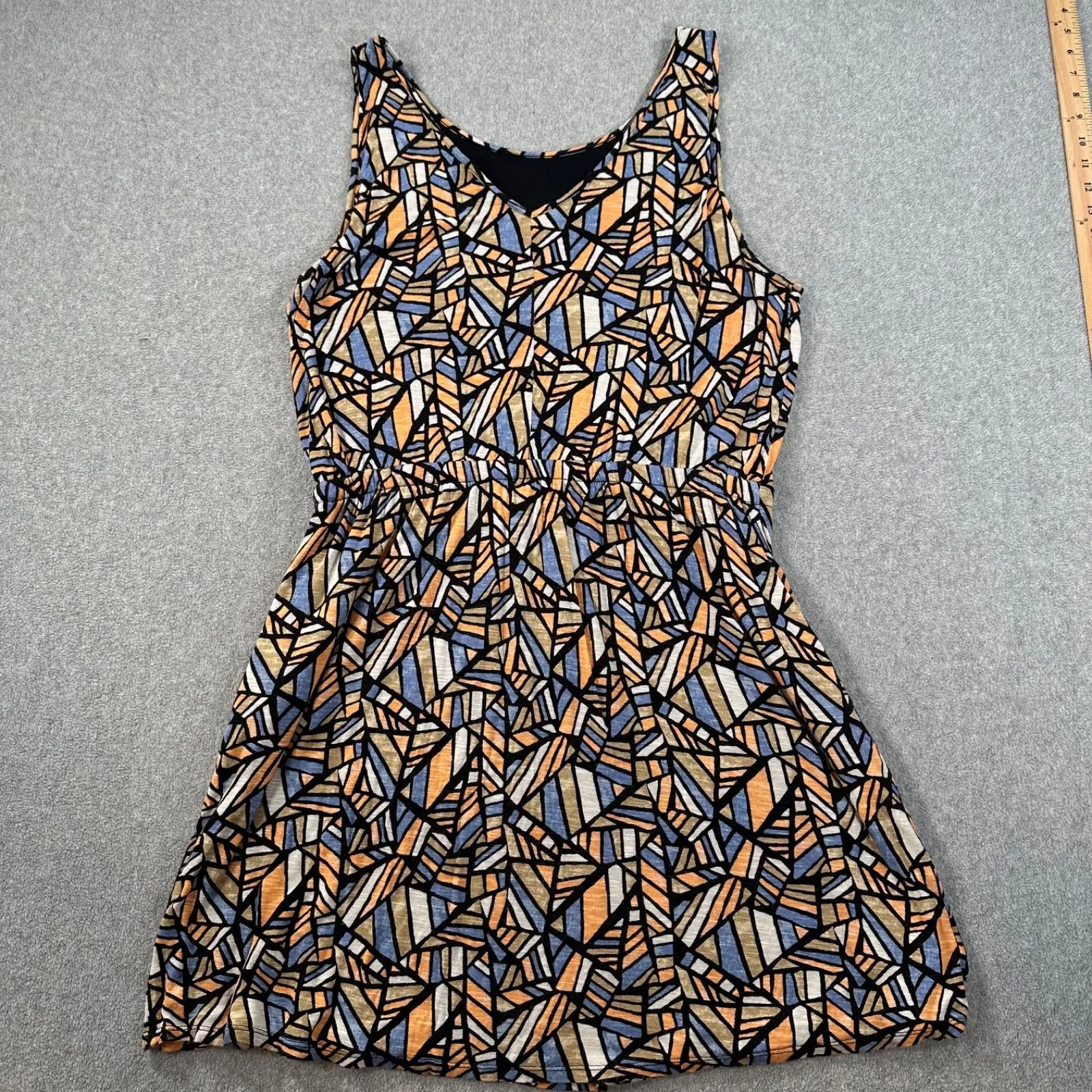 Lucky Brand Mosaic Drawstring Sleeveless Dress Women's X-Large Black Orange Blue - Image 8