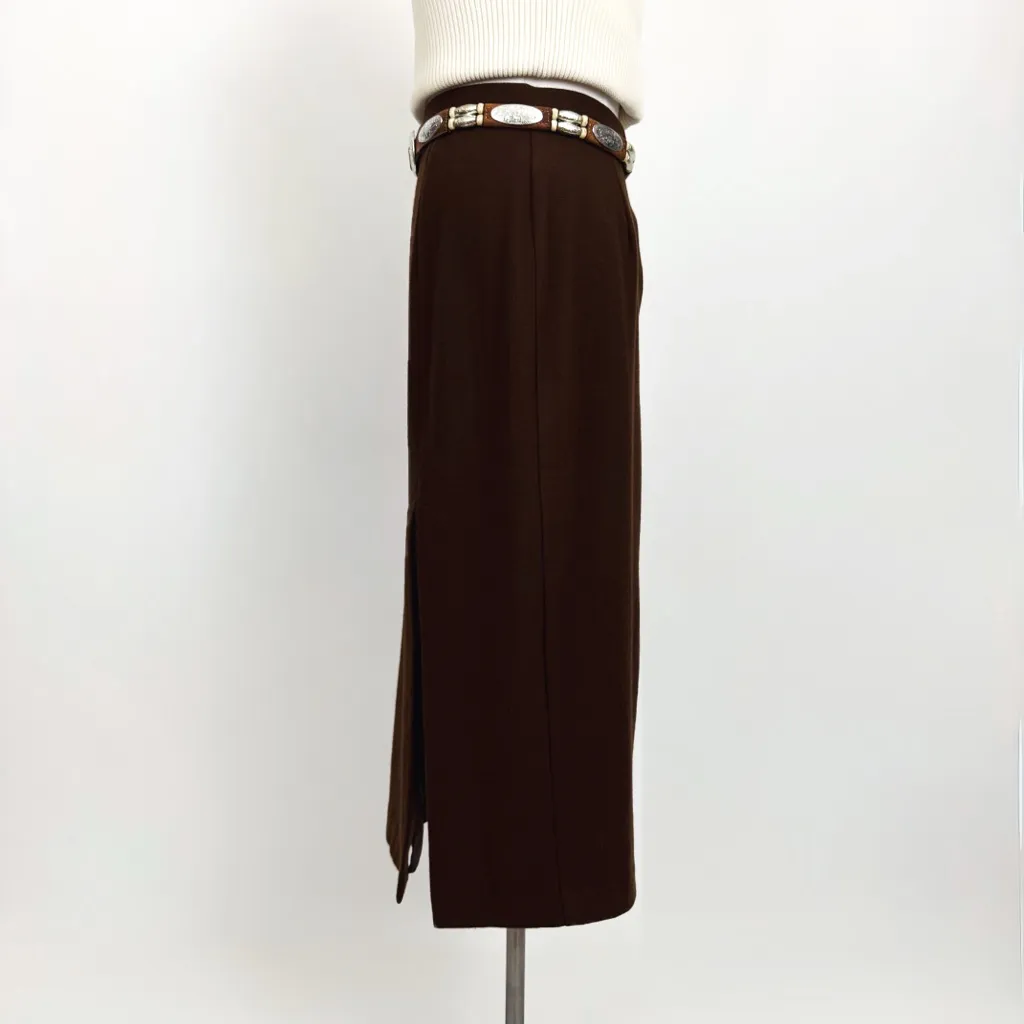 Vintage 80’s Pure Wool Split Hem Midi Skirt in Brown | Size XS/S - Image 3