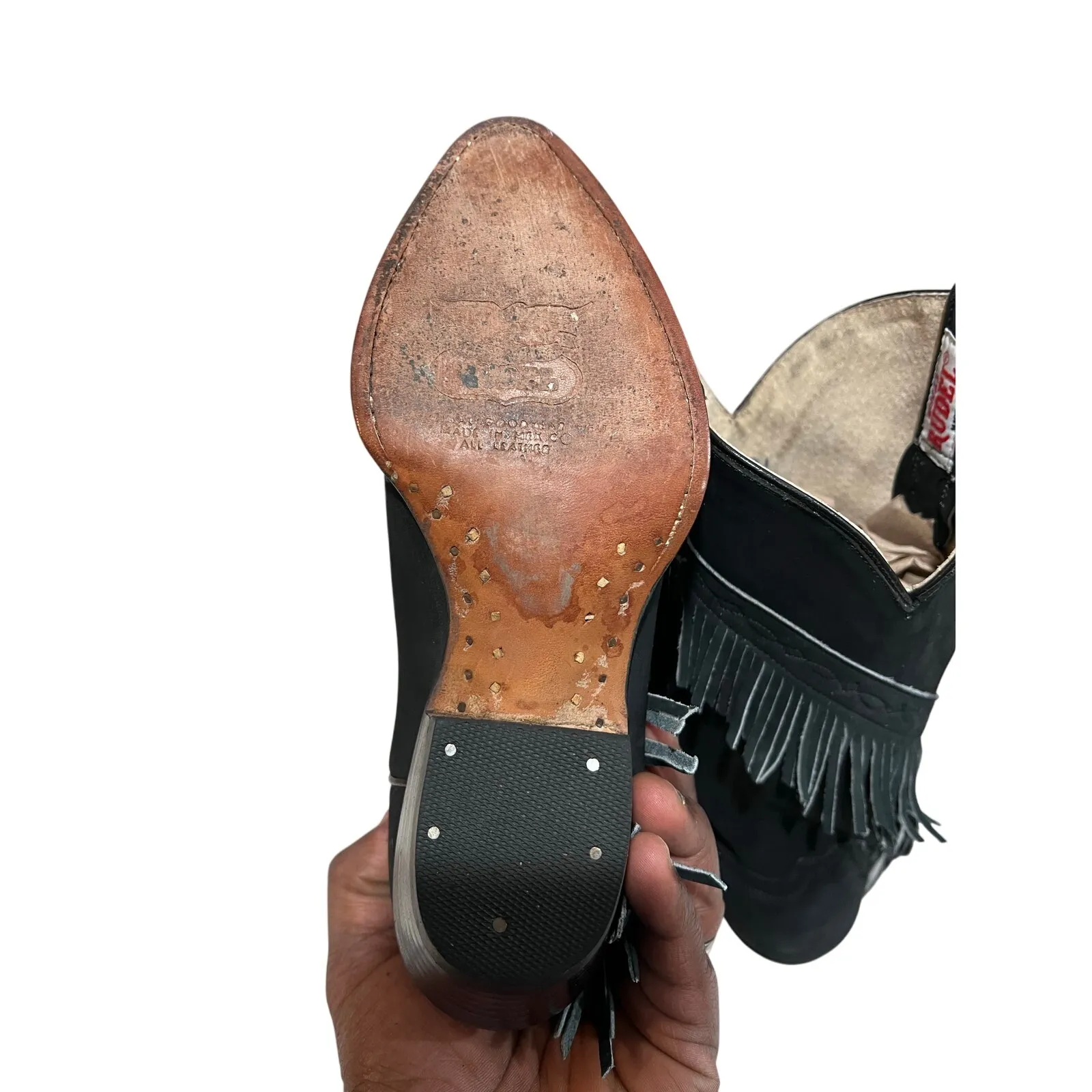 Rudel Black Leather Fringe Western Cowboy Boots Women’s 6.5 Handmade Mexico - Image 9