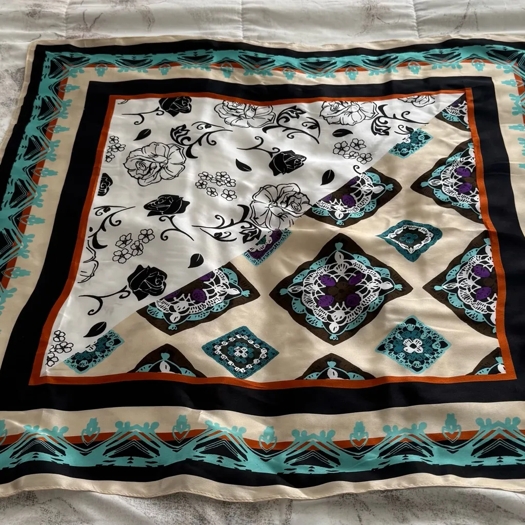 Elegant Multicolor 100% Silk floral mixed print Scarf wrap, size 25x25 boho Black - Image 7