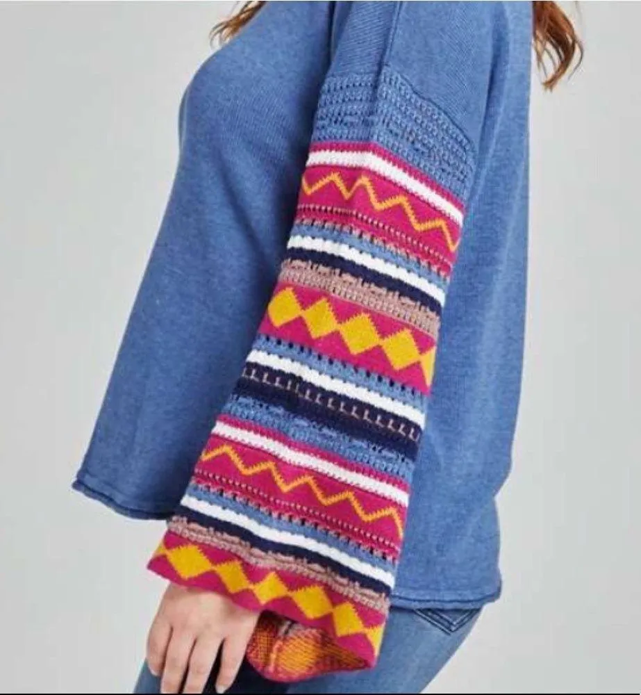 Killian BoHo Bohemian Patterned Sleeve Dusty Blue Bell Sleeve Sweater Size undefined - Image 5