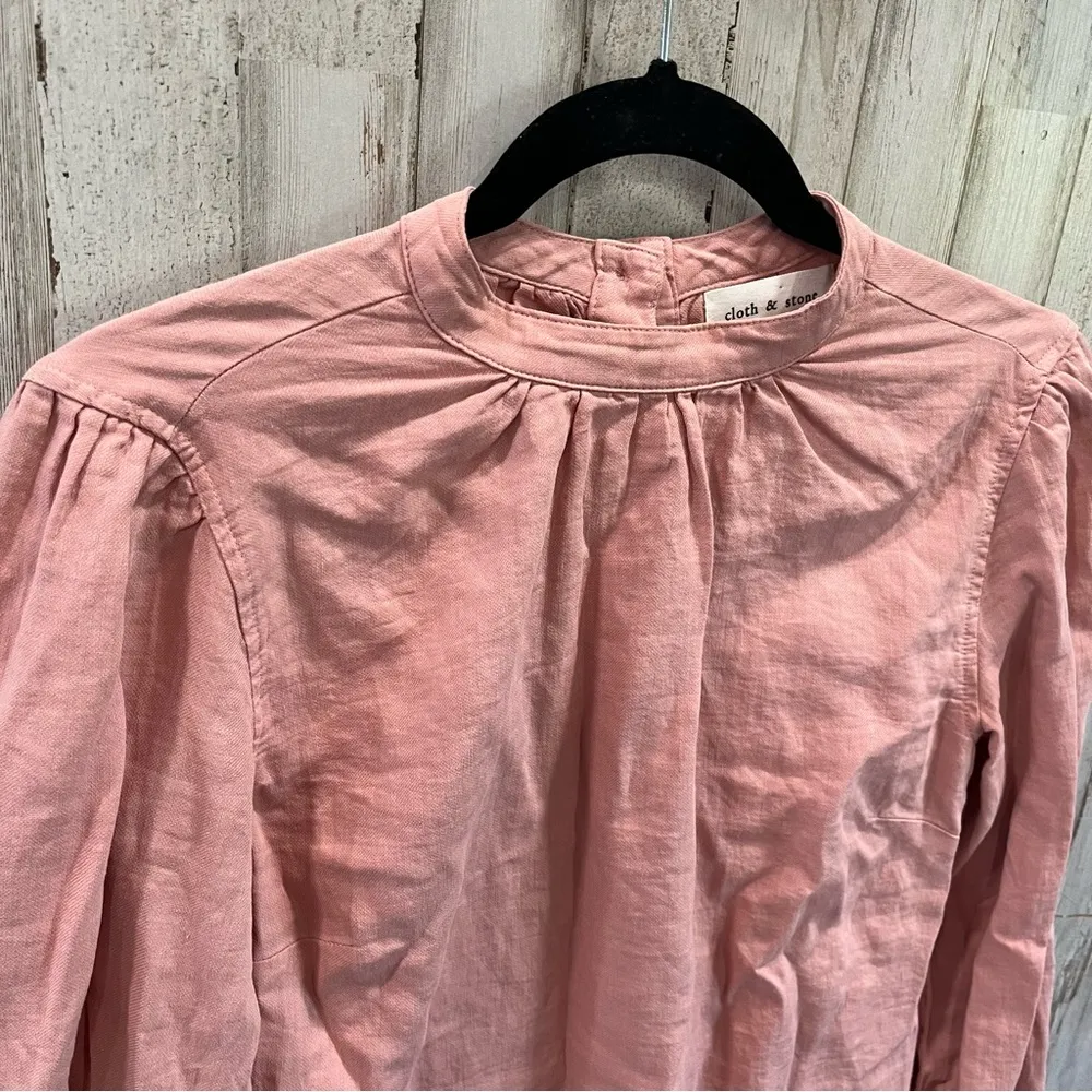 Cloth & Stone Linen Blend Top Pink High Neck Career Popover Long Sleeve - Image 3