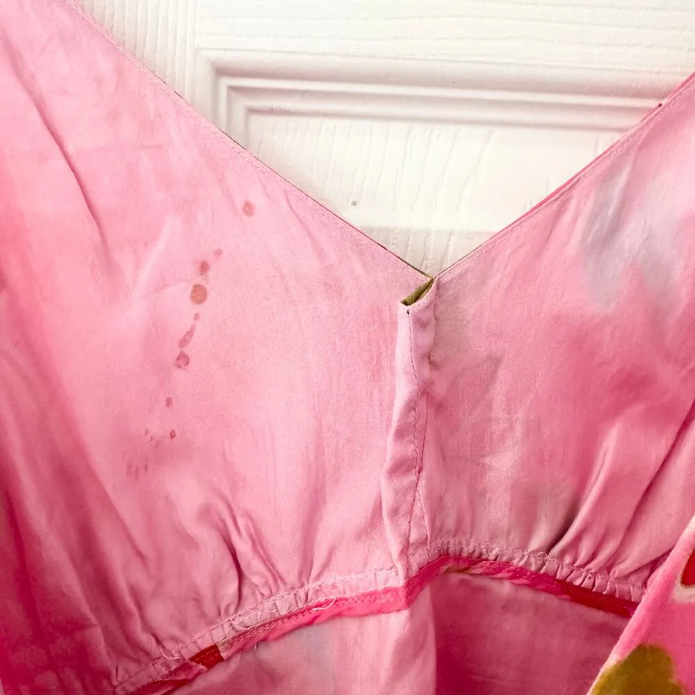 Tahari Bright Pink Floral Silk V Shift Dress Ruffle Trim Vintage Y2K Girly 8 - Image 9