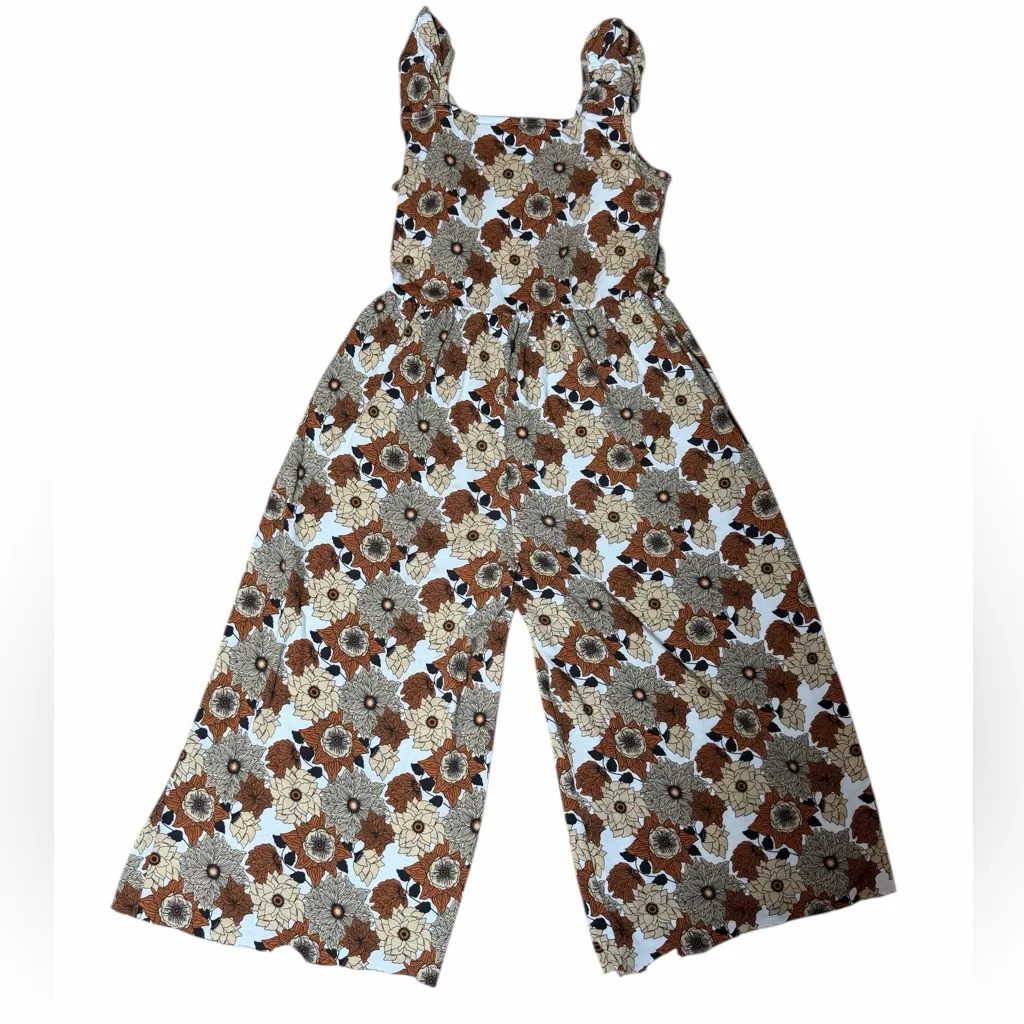 Kate Quinn Retro Ruffle Brown Floral Wide Cropped Leg Jumpsuit size M Size M - Image 2