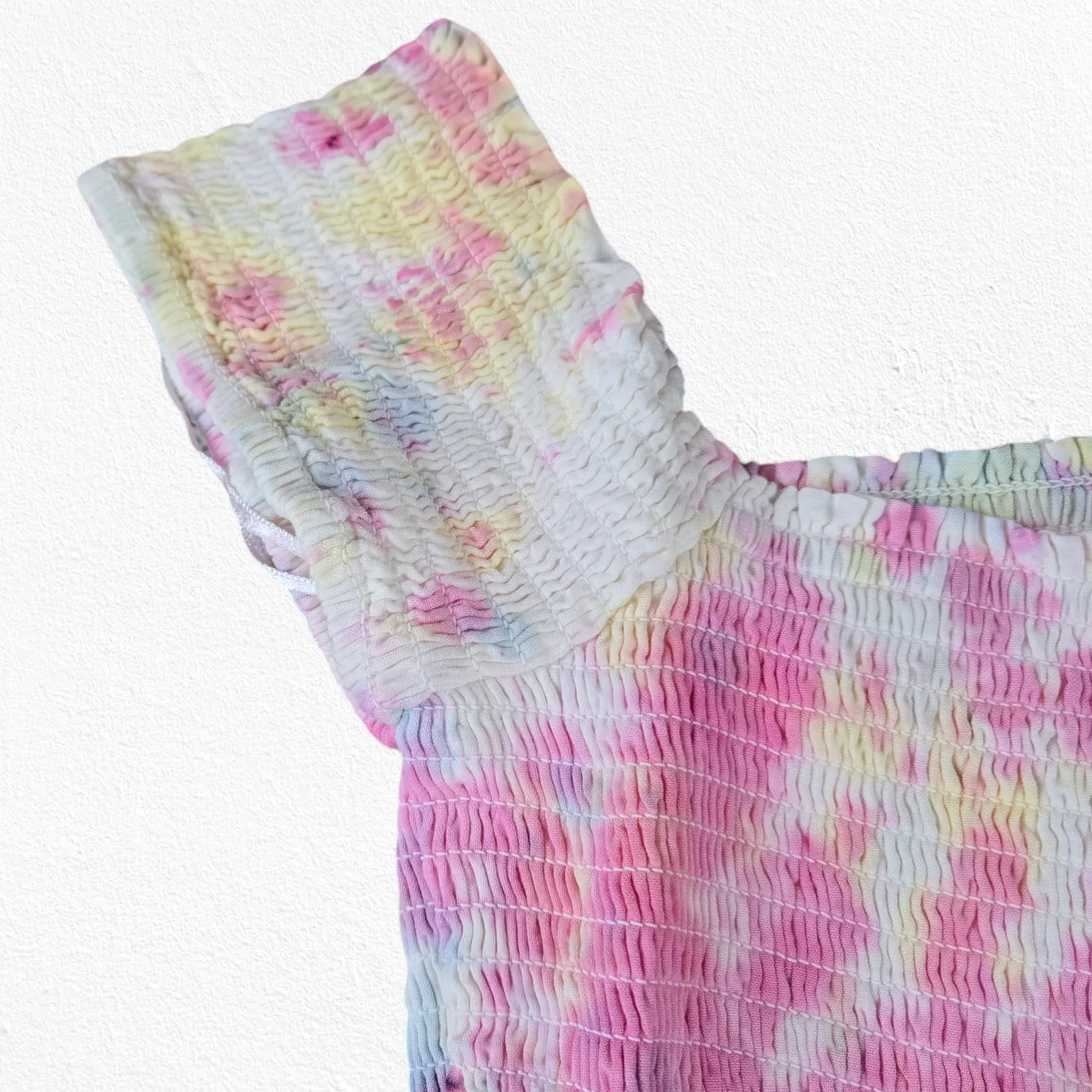 Pink White Tie Dye Smocked Off the Shoulder Area Stars Kaia Dress Size Medium - Image 6