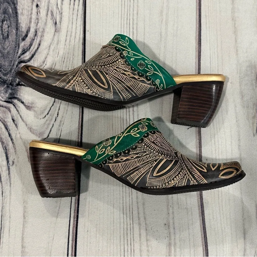 Elite by Corky's Shoes Womens 7 Scroll Leather Heeled Mules Green Brown Tan - Image 3