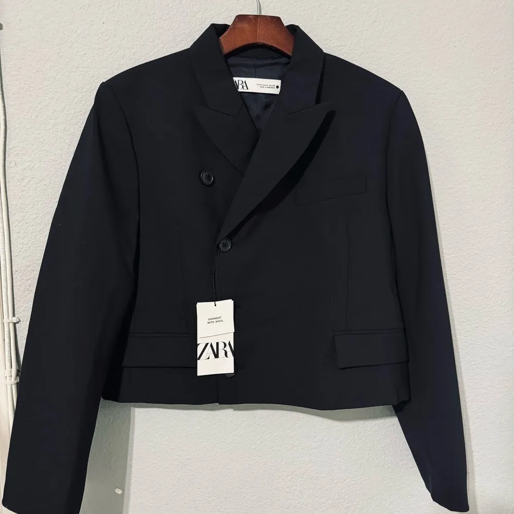 Zara Bloggers Favorite Black Double Breasted Cropped Wool Blend Blazer Sz‎ M - Image 15