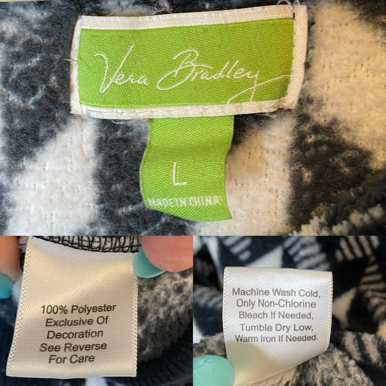 Vera Bradley Fleece Hoodie Large Sweatshirt Geo Print‎ Black White - Image 5