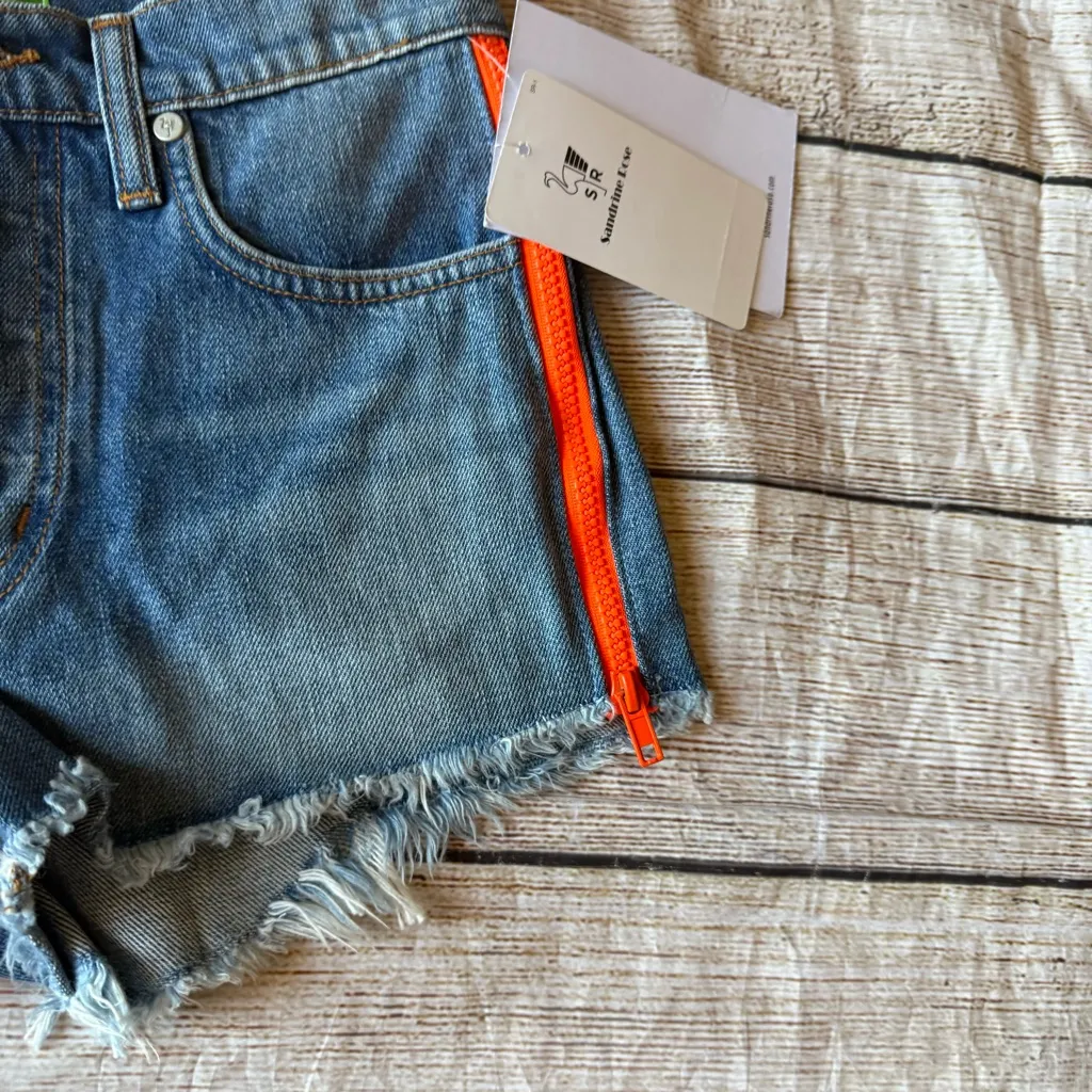Sandrine Rose Neon Orange Zipper Accent Cutoff Jean Denim Shorts NWT Size 23 Blue - Image 5