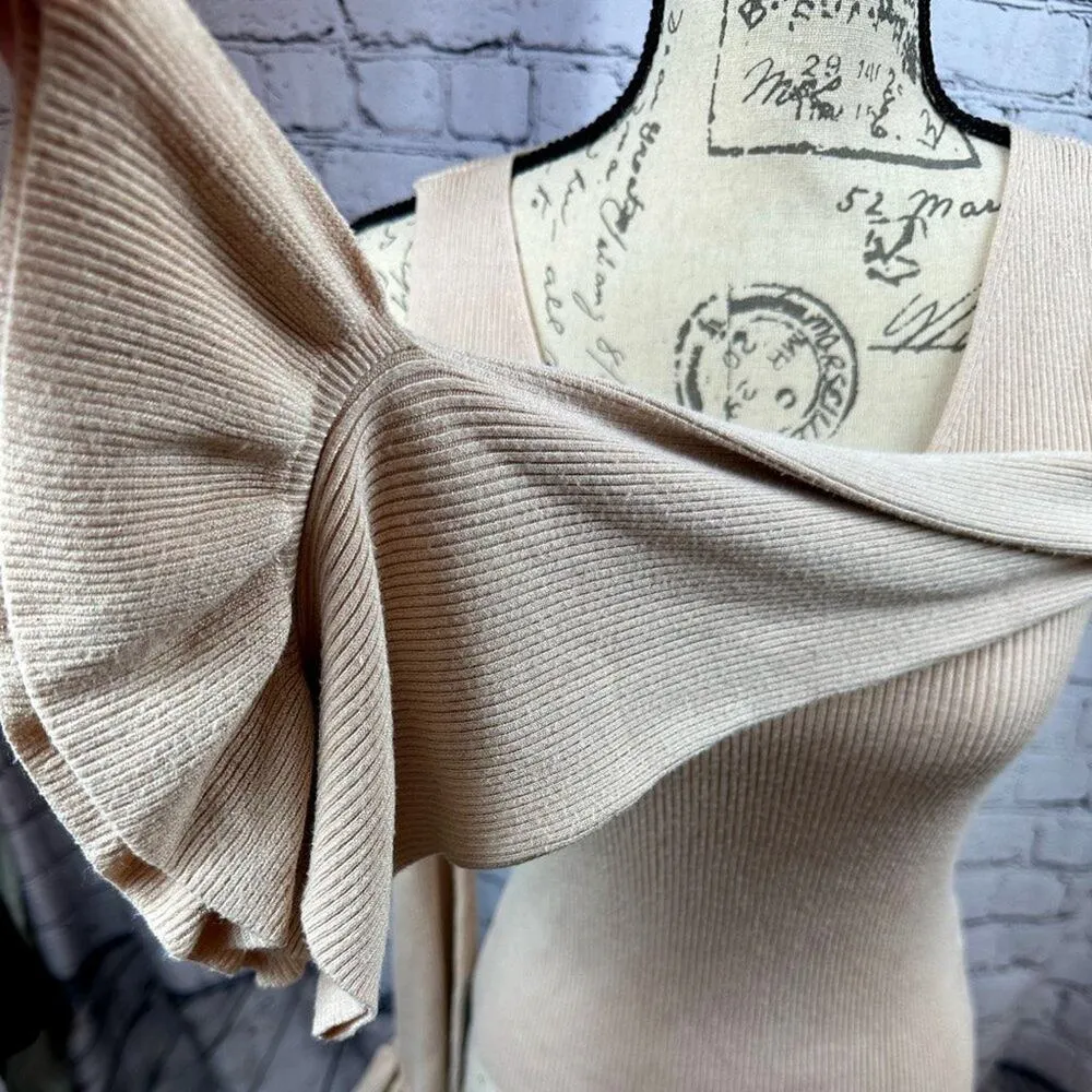 Express Cold Shoulder Ribbed V-Neck Bell Sleeve Sweater - Blush - size M - Image 7