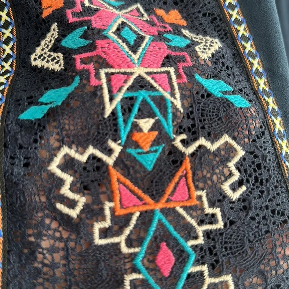 Flying Tomato Blue Suede Embroidered Batwing Top Fringe Cowgirl Western Festival - Image 4