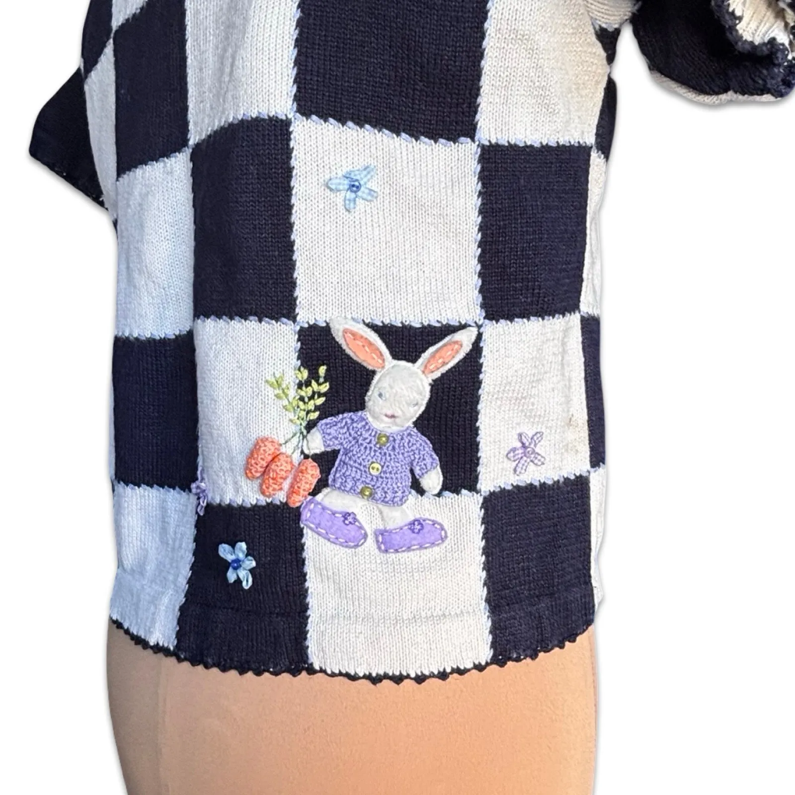 Vintage Marisa Christina Bunny Appliqué Knit Cardigan Black White Checkered Size M - Image 6