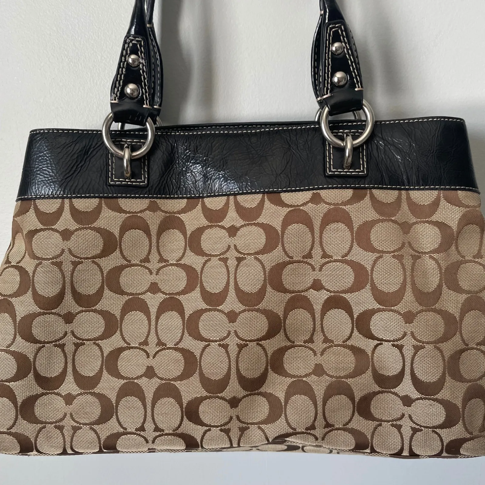 y2k Coach Penelope Signature Canvas Leather Trim Tote Shoulder Bag Brown Black - Image 6