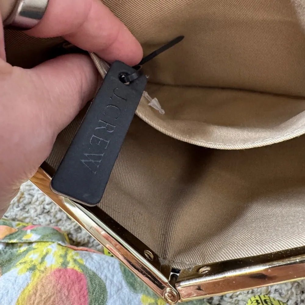 J Crew Womens Faux Leather Woven Fringed Striped Hinge Clutch Handbag Beige Navy - Image 7