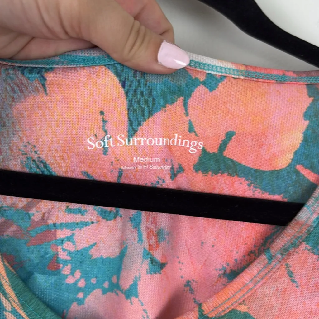 Soft Surroundings Maile Tunic Bell Sleeve Floral Knit Women’s Size Medium Teal - Image 5