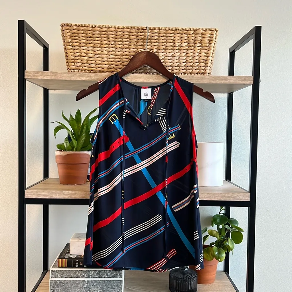 Cabi 5736 Hold Up Navy Belt Print Tie Neck Tank Top Sleeveless Blouse, XS - Image 2