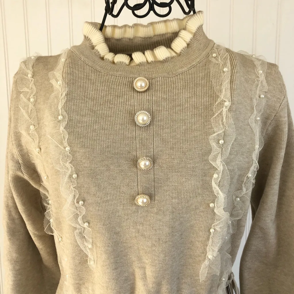 Lai Meng Five Cats Beige Long Sleeve Sweater Dress with Pearl and Lace Detailing Size M - Image 4