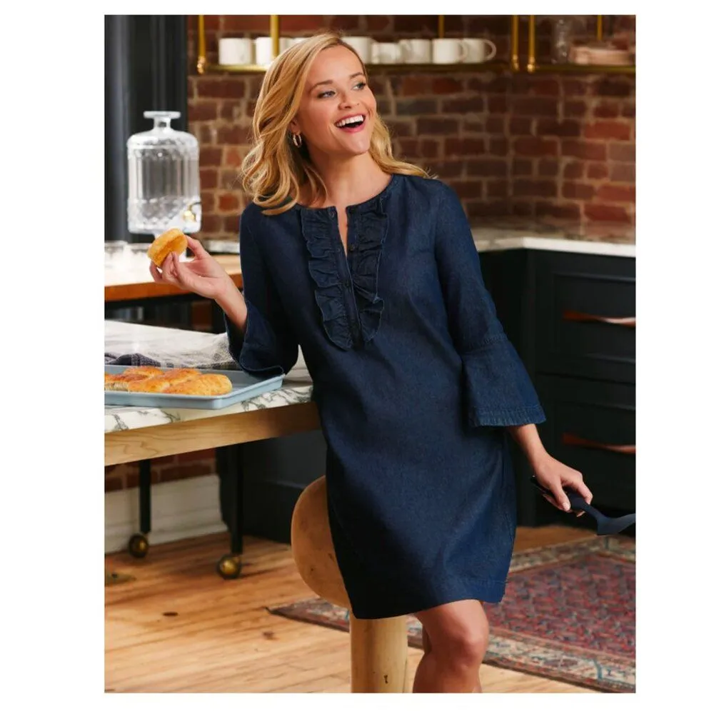 Draper James Chambray Ruffle Shift Dress Size 10 EUC - Image 8