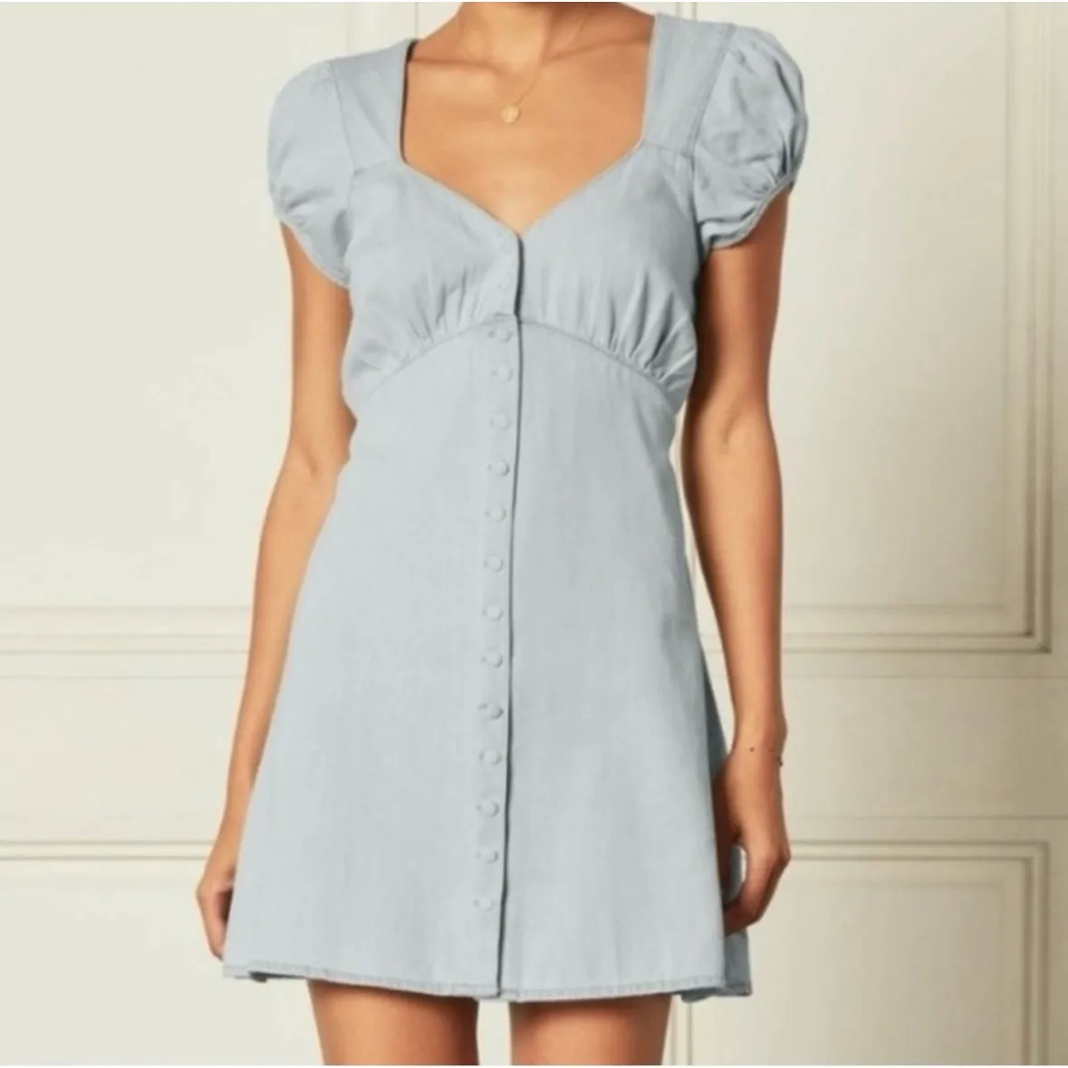 Boyish Sunrise Blue Button Front Puff Sleeve Denim Mini Dress Size Medium NWT - Image 2